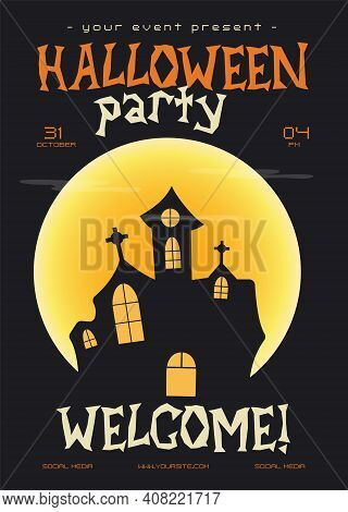 Halloween Party Flyer. Trending Autumn Holiday Banner Poster With Castle And Moon. Stock Vector Bann