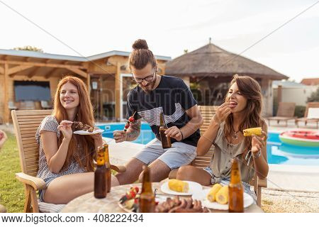 Group Of Young People Having Fun At Backyard Poolside Barbecue Party, Enjoying Sunny Summer Days Out
