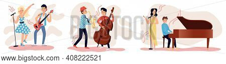 Set Of Musicians Play Instruments: Piano, Bass Guitar, Double Bass And Saxophone. Hobbies And  Stage