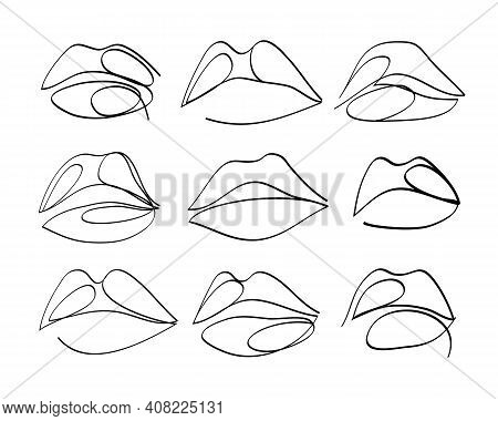 Beautiful Set Female Lips Contour. Air-kiss Silhouette. Vector Illustration. Kiss Minimalist Icon.