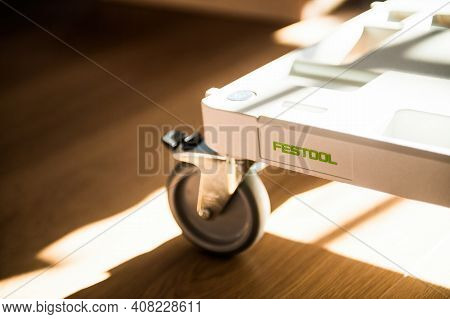 Paris, France - Feb 11, 2021: Close-up Macro Shot Of New Festool Support With Wheels For Modern Stor
