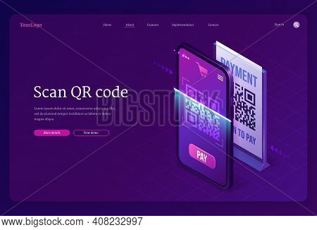 Scan Qr Code Verification Service Isometric Landing Page, Machine-readable Barcode On Smartphone Scr