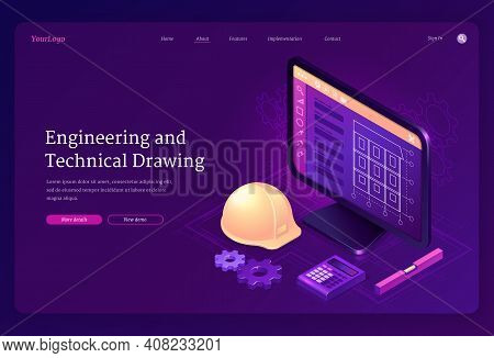 Engineering And Technical Drawing Isometric Landing Page. Cad Modelling Construction Building Projec