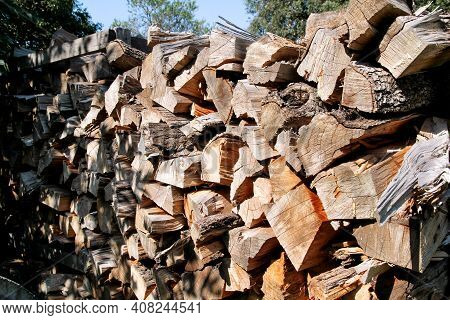 Cut Wood, Firewood For The Winter. Cut Logs Fire Wood And Ready Pieces Of Wood For Heating Wood. Lum