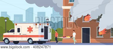 Emergency Help. Paramedics Brigade Carry Woman On Stretcher. Cartoon People Suffer From Carbon Monox