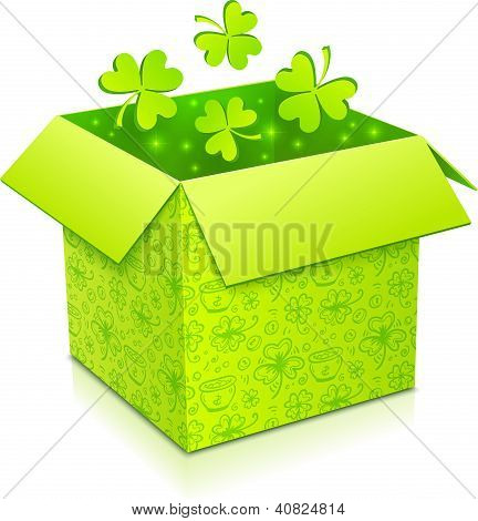 Green vector gift box with clovers inside