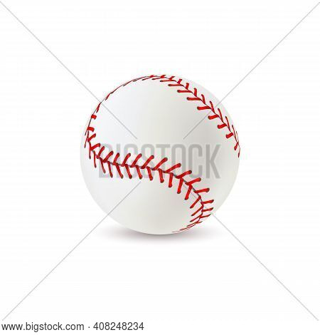 Baseball Ball. Realistic Sport Equipment For Game, White Leather With Red Lace Stitches 3d Round Sof