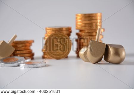 Hanukkah Chocolate Shekel Coins. Delicious Chocolate Shekels In Golden Package. Hanukkah Gelt With M