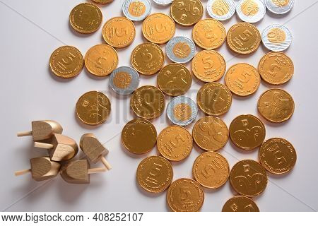Hanukkah Chocolate Shekel Coins. Delicious Chocolate Shekels In Golden Package. Hanukkah Gelt With M
