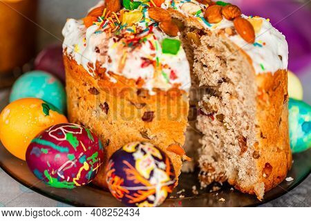 Traditional Easter Holiday Table Served With Easter Cake And Eggs