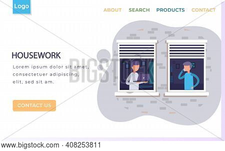 Housework Landing Page Template With Man Proprietor Standing In Room Holding Laptop And Talking On P