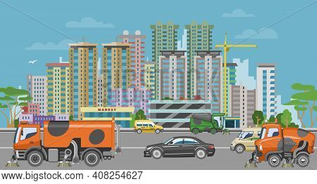 Concept Urban Cleaning Equipment, Vehicle Sweeper Wash City, Car Machine Clean Road Surface Cartoon 