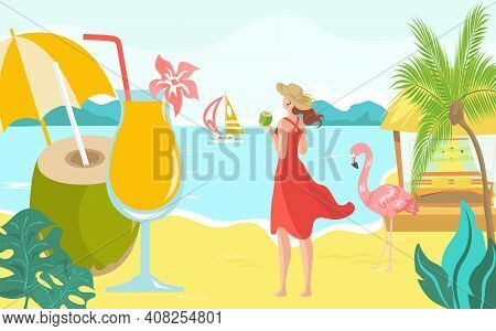 Vacation Hot Tropical Country, Woman Character Beach Oceanfront With Yacht, Female Drink Coconut Wat