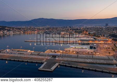 Split, Croatia - Aug 14, 2020: Aerial Drone Shot Of Ferry Port In Old Town Before Sunrise In Early M