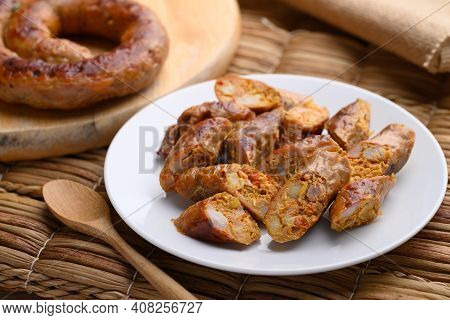 Northern Thai Sausage (sai Aua), Grilled Intestine Stuffed With Minced Pork, Spices And Herbs, Popul