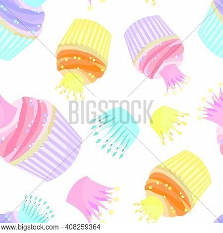 Pattern Of Cupcakes And Cute Crowns In Pastel Colors. Can Be Used As Background For Wrapping Paper, 