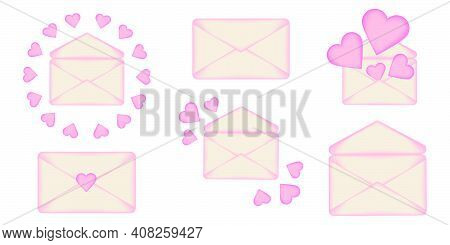 Set Of Festive Cute Romantic Envelopes Decorated With Hearts. Vintage Collection Of Valentine\'s Day