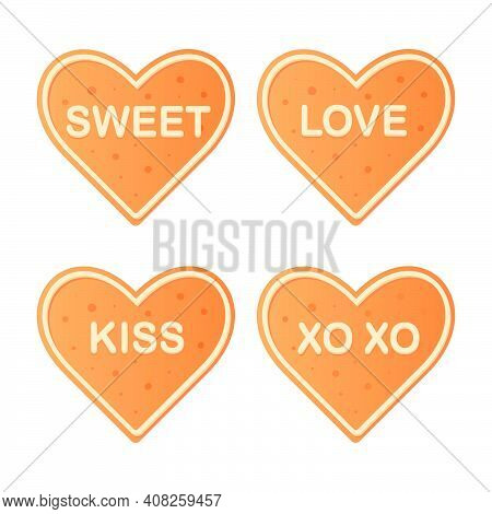 Set Of Cute Cookies In The Form Of Hearts For Valentine's Day With Text. Stock Vector Illustration I