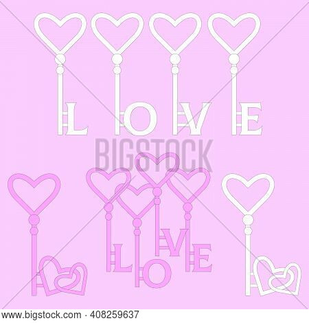 Set Of Individual Cute Elements, Keys With Letters And Hearts. White And Pink Keys With The Text Lov