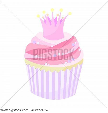 Pink Cupcake With A Cute Crown, Cartoon Style. Stock Vector Illustration Isolated On White Backgroun