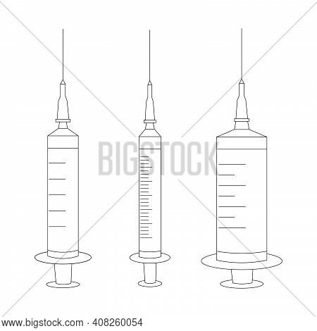 Set Of Empty Medical Syringes With A Needle, Line Art. Stock Vector Illustration Isolated On White B
