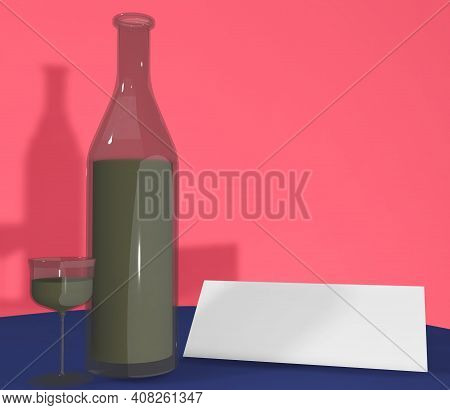 3d Rendering Name Text,bottle And Glass Background Mock Up. Green, White, Pink And Wooden Texture