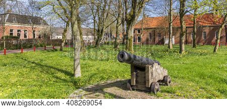 Panorama Of A Cannon In The Historic Center Of Oudeschans, Netherlands