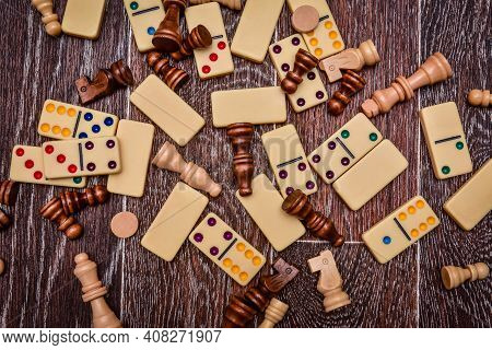 A Variety Of Board Game Pieces. A Background Miscellaneous Board Game Pieces