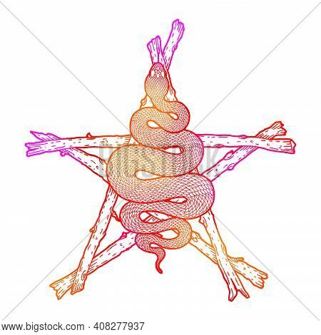 Coiled Snake Over Sticks Pentagram Detailed Illustration. Tribal Occult Bright Red And Orange Serpen