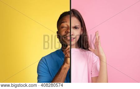 Calm Contented Man And Angry Girl. Fun And Creative Combination Of Portraits Of Young People With Di