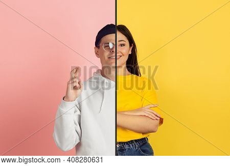 Hopeful Man And Successful Woman. Fun And Creative Combination Of Portraits Of Young People With Dif