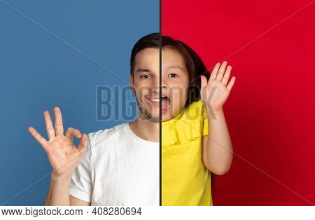 Contented Man And Agressive Girl. Fun And Creative Combination Of Portraits Of Young People With Dif