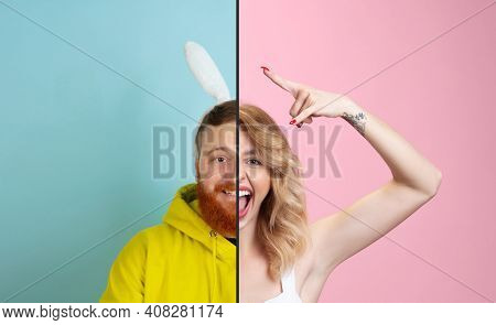 Smiling Man And Rocking Woman. Fun And Creative Combination Of Portraits Of Young People With Differ