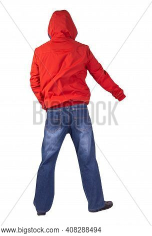 Dark Blue Jeans, Black Leather Shoes,red Jacket With A Hood Isolated On White Background. Casual Sty