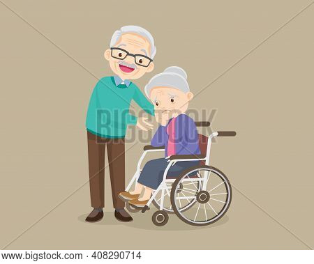 Elderly Woman Sit In A Wheelchair And Elderly Man Tenderly Puts  Hands On Her Shoulders. Grandfather