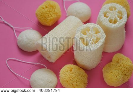 Zero Waste . Natural Organic Hygiene Products. Loofah Sponge And Spongy Konnyaku Set On A Pink Backg