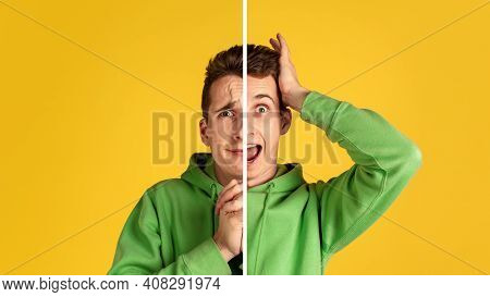 Scared And Interested. Fun And Creative Combination Of Portraits Of Young Guy With Different Emotion