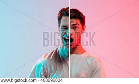 Scared And Agressive. Fun And Creative Combination Of Portraits Of Young Guy With Different Emotions