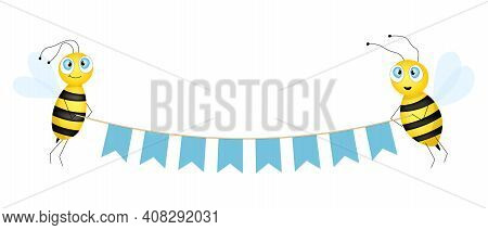 Happy Birthday Banner With Colorful Cute Bees And Flags Isolated On White Background. Holiday Vector