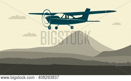 Light Single-engine Aircraft With Pilot Flies Against The Background Of An Abstract Landscape. Vecto