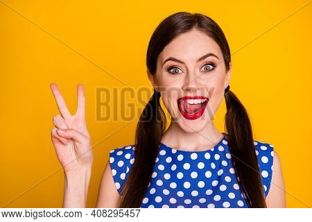 Close-up Portrait Of Her She Nice-looking Attractive Pretty Funky Cheerful Cheery Girl Licking Red L