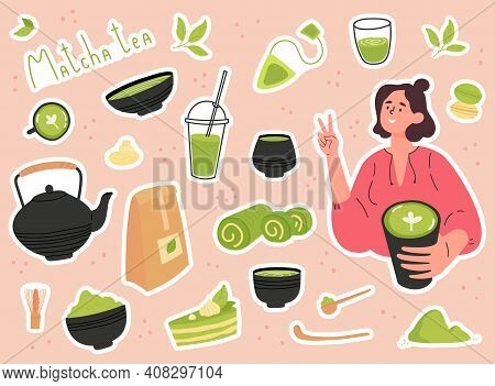 Green Matcha Tea Serve And Drink By A Young Woman. Set Of Matcha Healthy Drink Stickers. Various Tea