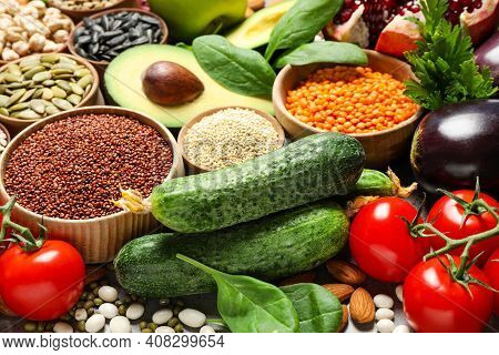 Different Vegetables, Seeds And Fruits, Closeup. Healthy Diet