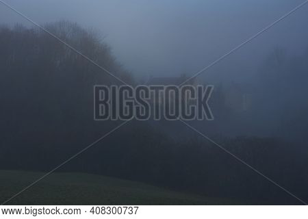 Winter Mist And Frost In The Woolley Valley, An Area Of Outstanding Natural Beauty In The Cotswolds 