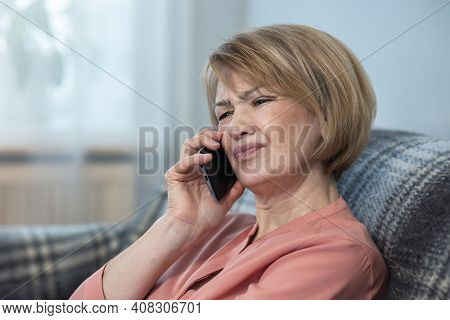 Upset Disappointed Frustrated Beautiful Annoyed Woman, Elderly Senior Adult Mature Lady Is Calling, 