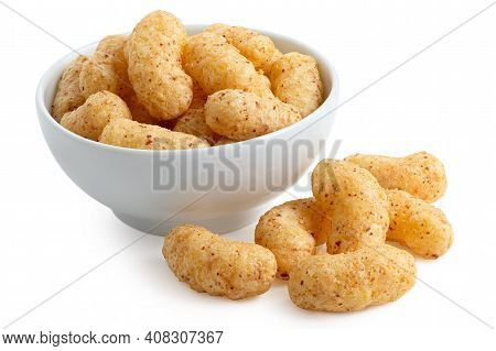 Peanut Flips In A White Ceramic Bowl Next To Some Peanut Flips Isolated On White.