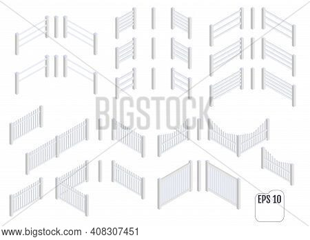 Isometric White Fence Sections. Fencing Constructor. Support Posts And Fence Sections Set