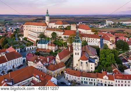 Aerial view of the Mikulov Castle and grounds at dawn in the South Moravia town of Mikulov in the Czech Republic.
