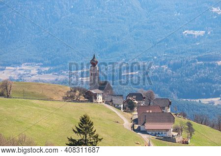 Church In Renon Ritten Bolzano Alps Italy, Sunny Day