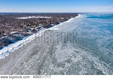 Aerial view of an icy Lake Michigan along the shoreline of Glencoe Beach after an intense cold spell.